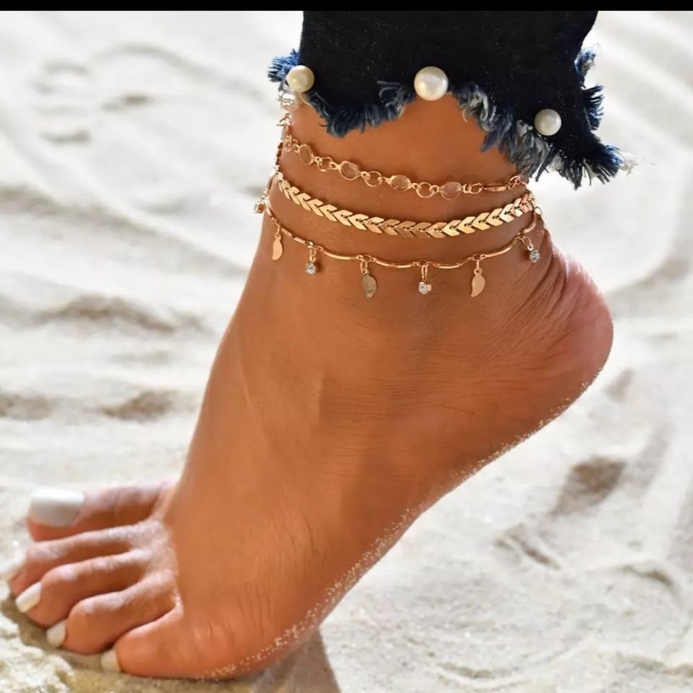 3pcs/set Gold Color Simple Chain Anklets